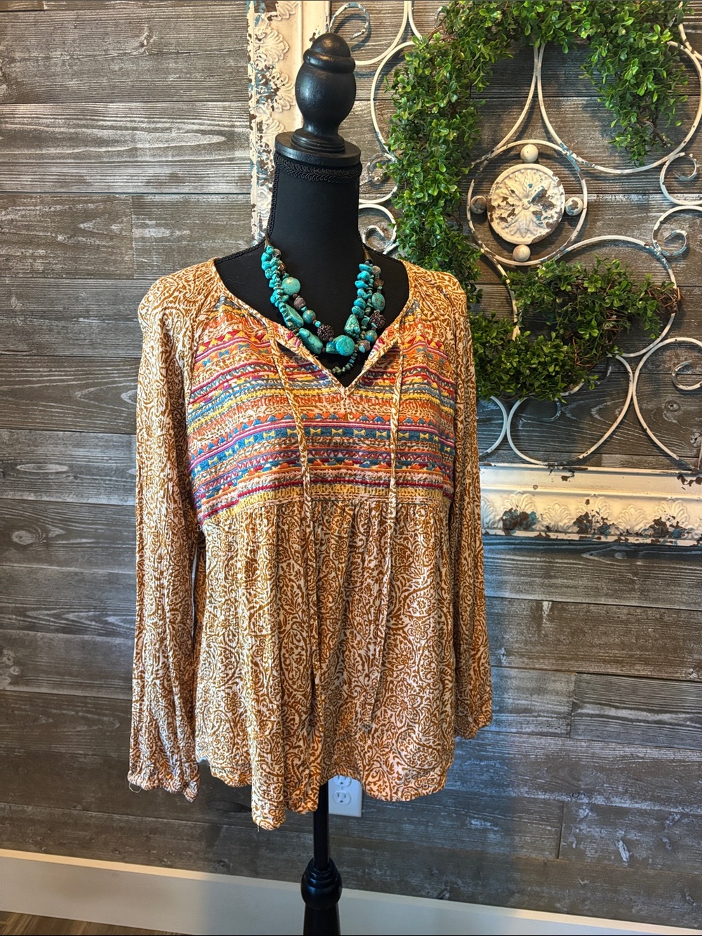 Savanna Jane (Size L) Boho Embroidered Tunic Top in Tan with Multicolor Yoke